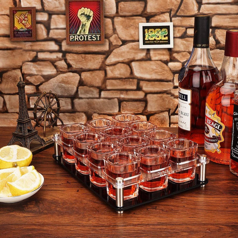 DZ D&Z 2 oz Shot Glass with Holder, Tequila Shot Glass Set, Easy to Carry 12 Heavy Base Glasses without Spilling, Clear Modern Acrylic Server Tray for Wedding,Anniversary,Graduation,Housewarming,Birthday - Image 4